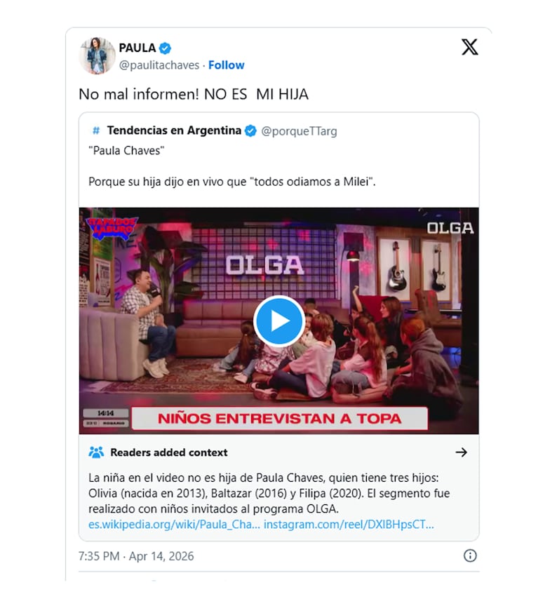 La aclaración de Paula Chaves en la red social X.