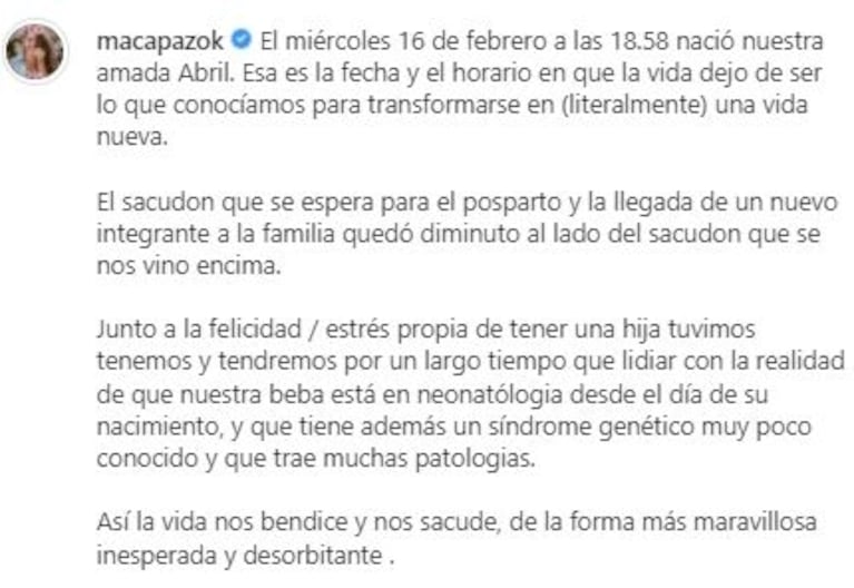 La actriz Macarena Paz fue mamá y habló de la salud de su beba: "Está en neo y tiene un síndrome genético poco conocido" 