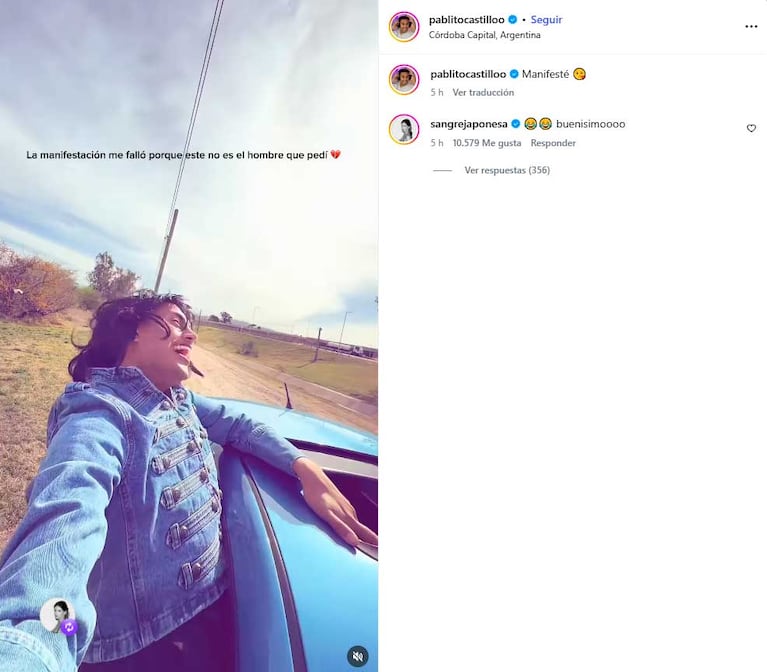 La actriz reaccionó con dos emojis de risa y un “Buenísimo” a la parodia del video de Pablito Castillo (Foto: Instagram @pablitocastilloo)