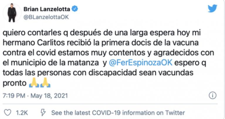 La alegría de Brian Lanzelotta por la vacunación de su hermano contra el covid: "Estamos muy contentos"