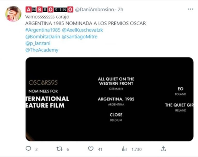 La alegría de los famosos por la nominación de Argentina,1985 en los Oscar:  sus posteos en redes