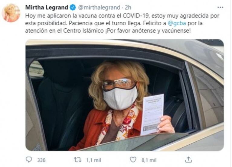 La alegría de Mirtha Legrand, tras vacunarse contra el coronavirus: "Estoy muy agradecida por esta posibilidad"