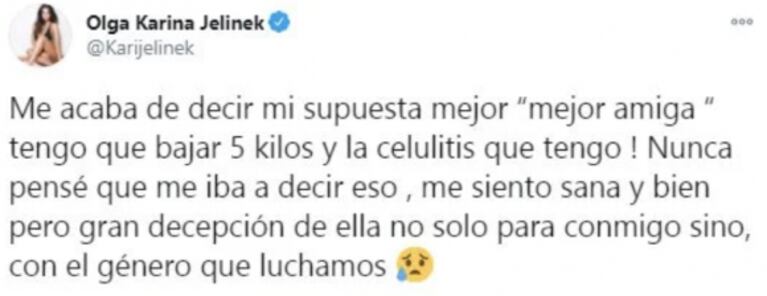 La angustia de Karina Jelinek por el horrible comentario de su mejor amiga: “Me dijo que tengo que bajar cinco kilos y que tengo celulitis”