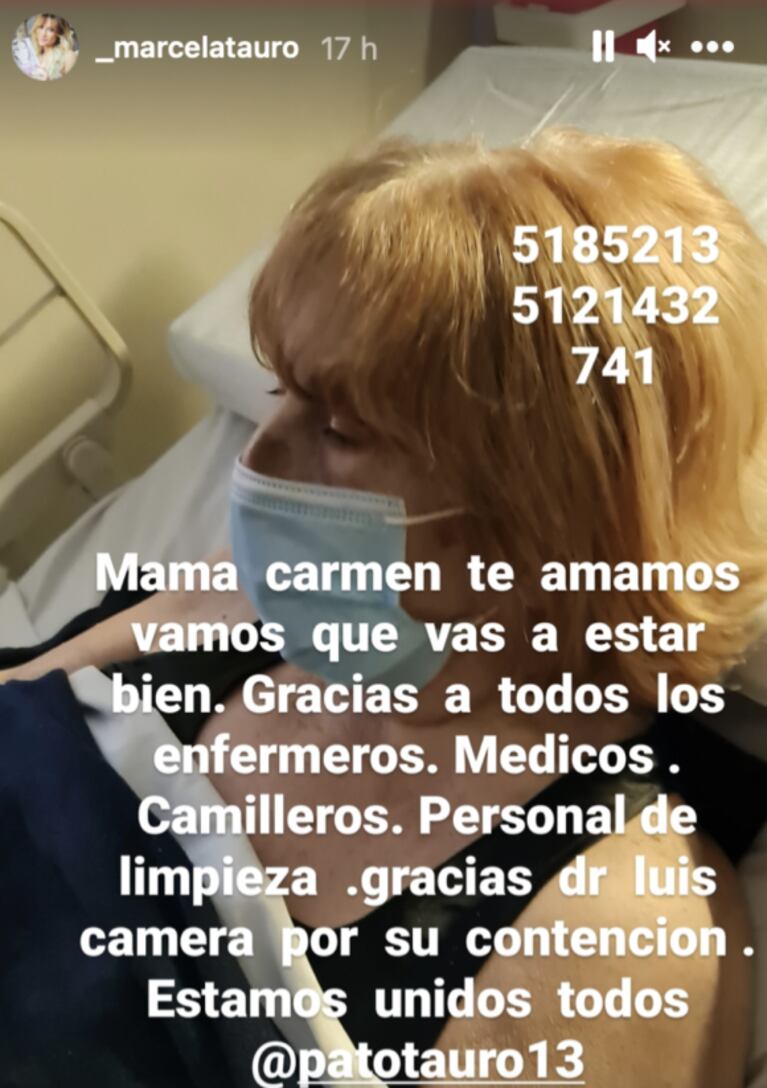 La angustia de Marcela Tauro por la salud de su mamá, internada en terapia: "Hizo úlceras sangrantes"