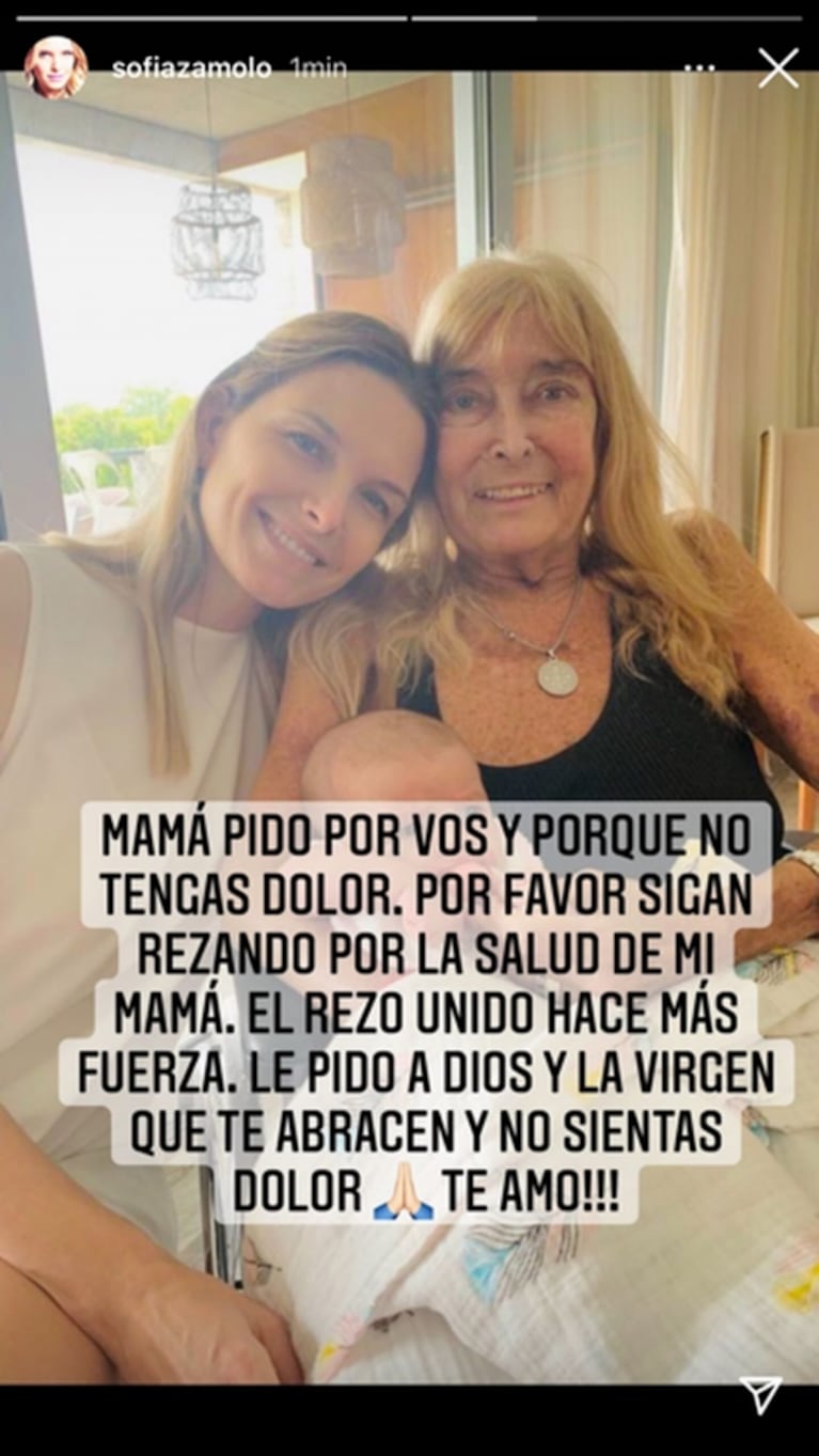 La angustia de Sofía Zámolo por la delicada salud de su mamá: “Le pido a Dios y la Virgen que no sientas dolor”