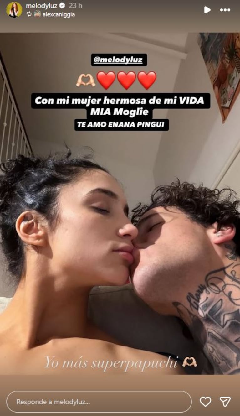 La apasionada foto de Melody Luz con Alex Caniggia desnudos y a puro mimo. Foto: Captura de Instagram Stories (@melodyluz)
