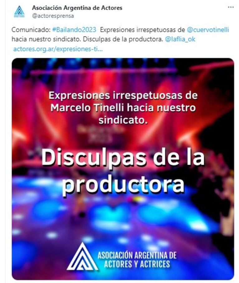 La Asociación Argentina de Actores lanzó un fuerte comunicado contra Marcelo Tinelli (Foto: Twitter / X @actoresprensa)