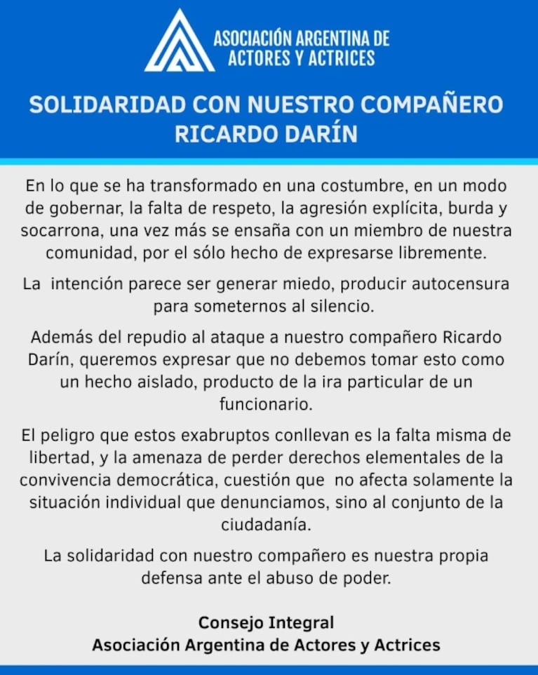 La Asociación Argentina de Actores respaldó a Ricardo Darín tras la polémica por las empanadas. Crédito: Instagram.