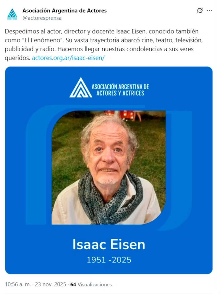 La Asociacón Argentina de Actores despidió a Isaac Eisen (Foto: Twitter)
