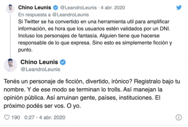 La bronca de Chino Leunis contra los "trolls" que atacan en Twitter: "Quien alimente y coordine eso va a arder en su miseria"