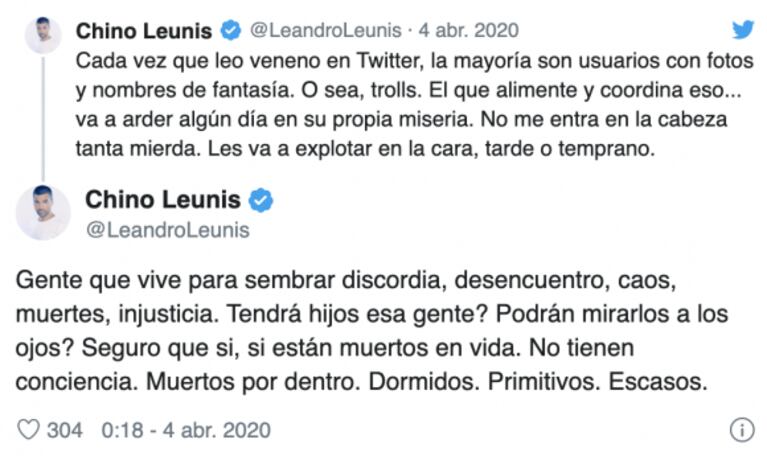 La bronca de Chino Leunis contra los "trolls" que atacan en Twitter: "Quien alimente y coordine eso va a arder en su miseria"