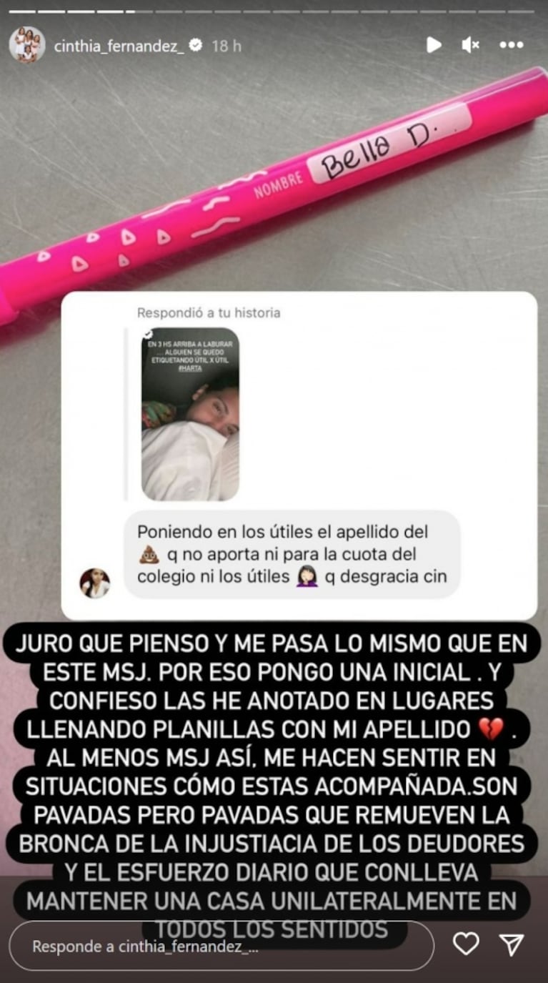 La bronca de Cinthia Fernández por poner el apellido de Matías Defederico en los útiles de sus hijas: "Deudor"