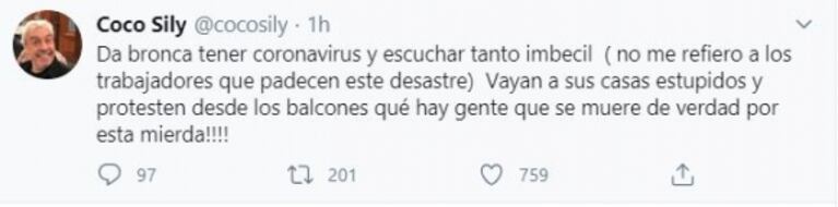 La bronca de Coco Sily, internado con Covid, al ver por TV una manifestación: "¡Vayan a sus casas estúpidos!"