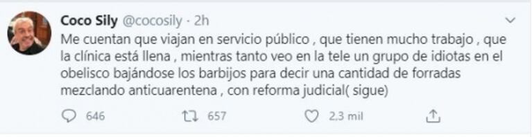 La bronca de Coco Sily, internado con Covid, al ver por TV una manifestación: "¡Vayan a sus casas estúpidos!"