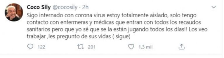 La bronca de Coco Sily, internado con Covid, al ver por TV una manifestación: "¡Vayan a sus casas estúpidos!"