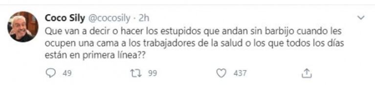La bronca de Coco Sily, internado con Covid, al ver por TV una manifestación: "¡Vayan a sus casas estúpidos!"