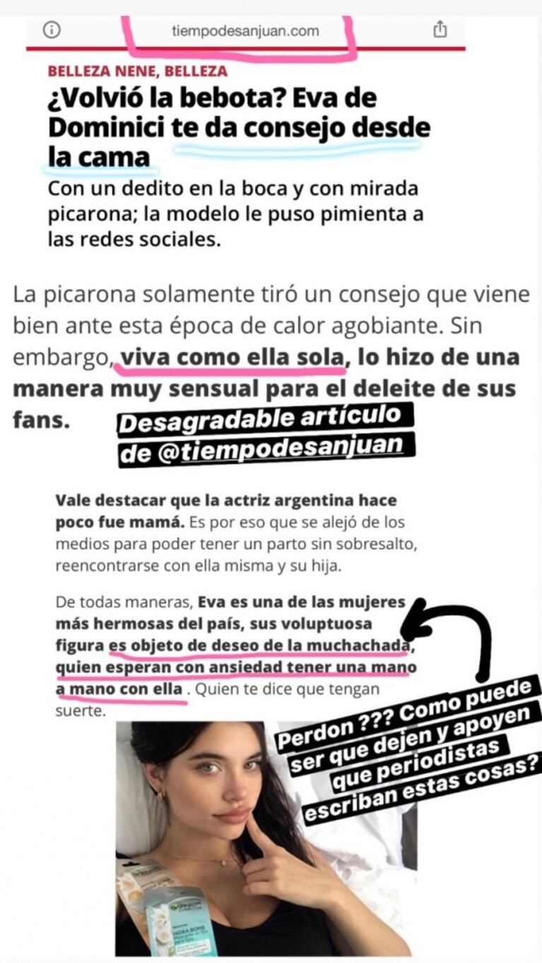 La bronca de Eva de Dominici con un sitio de noticias que la cosificó: "¿Cómo puede ser que dejen que escriban estas cosas?"