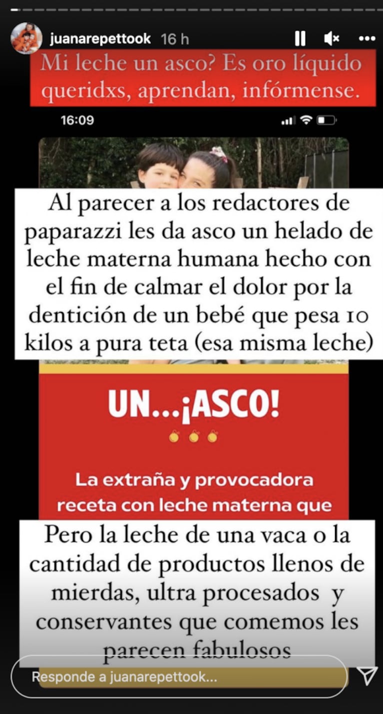 La bronca de Juana Repetto tras las críticas por haberle hecho helado de leche materna a su hijo: "¿Un asco? Oro líquido" 