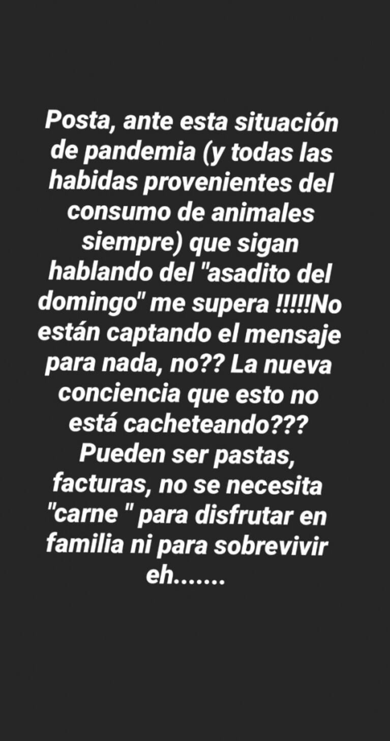 La bronca de Nicole Neumann en cuarentena por el consumo de carne: "¡Me supera que sigan hablando del asadito del domingo!"