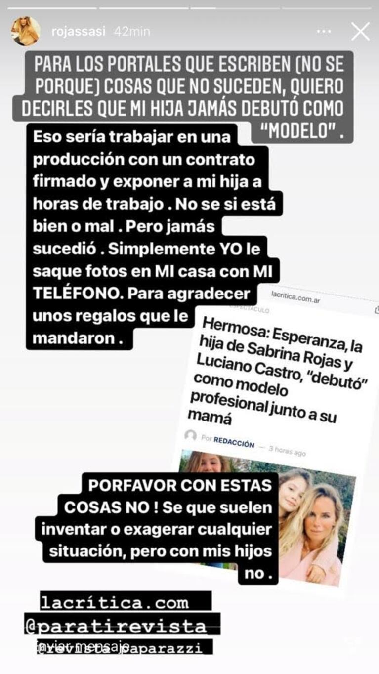 La bronca de Sabrina Rojas porque aseguraron que Esperanza debutó como modelo: "Con mis hijos, no"
