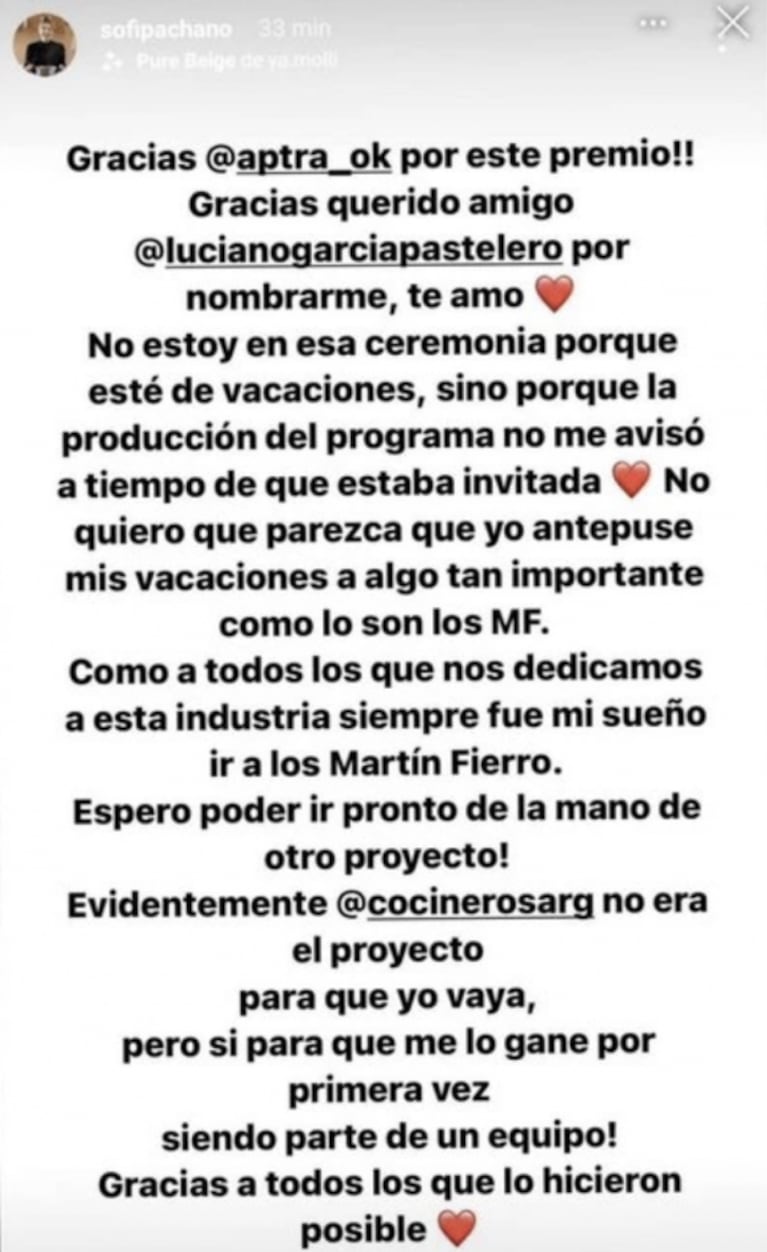 La bronca de Sofía Pachano tras el Martín Fierro de Cocineros Argentinos: "La producción no me avisó que estaba invitada"