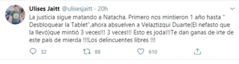 La bronca de Ulises Jaitt por el revés en la causa por la muerte de Natacha: "La mataron dos veces"