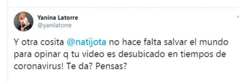 La bronca de Yanina Latorre tras las críticas de Nati Jota y la polémica de su video: "Ya que sos tan viva..."