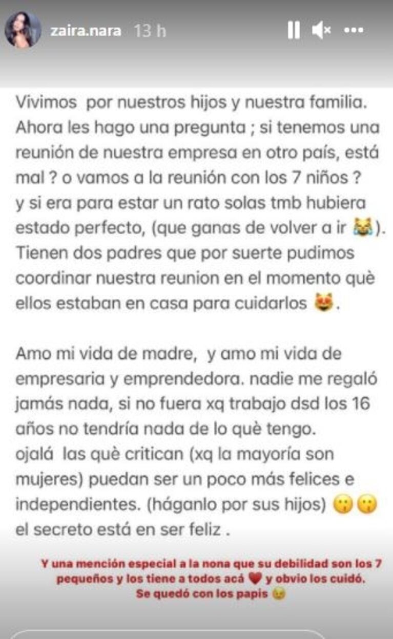 La bronca de Zaira Nara tras las críticas por haber viajado con Wanda y sin sus hijos: "¿Vamos a la reunión con los 7 niños?"