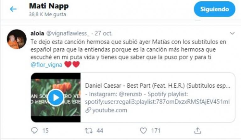 La canción que Mati Napp le dedicó a Flor Vigna tras separarse: "Si la vida fuera una película, vos serías la mejor parte"