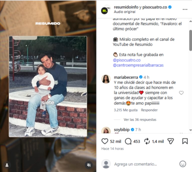 La cantante entrevistó a su padre para el documental "Favaloro: el último prócer"
Fuente: Resumido / Captura de video