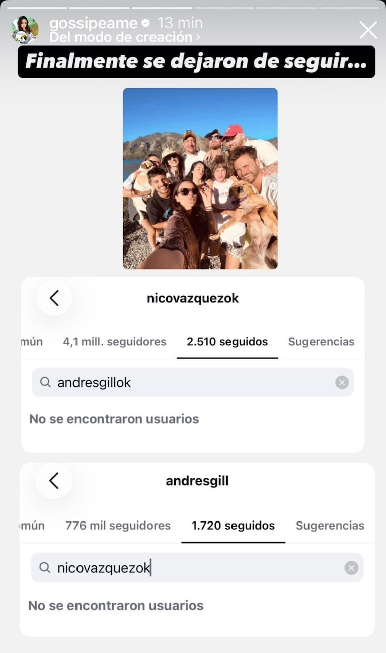 La captura de Pochi en su cuenta de Instagram: Nico Vázquez y Andrés Gil dejaron de seguirse