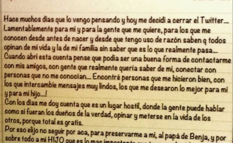 La carta con la que Gianinna decidió despedirse de Twitter (Foto: Captura de pantalla).