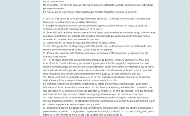 La carta de Daniel Osvaldo en respuesta a su ex (Fotos: Captura). 