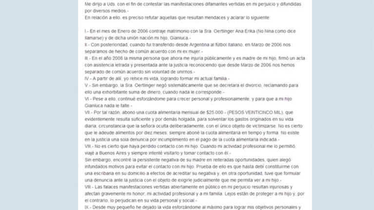La carta de Daniel Osvaldo en respuesta a su ex (Fotos: Captura).