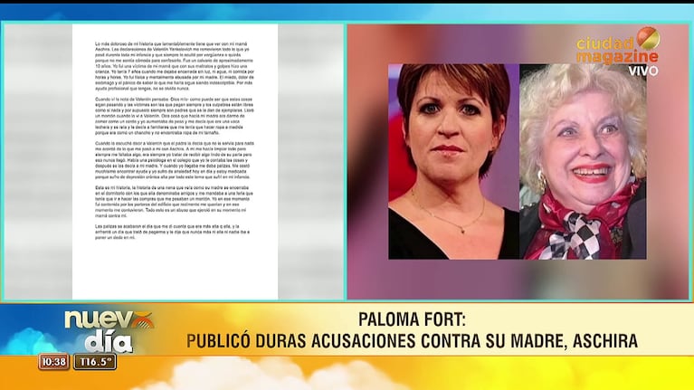 La carta de Paloma Fort sobre los maltratos que sufrió de su madre Aschira (Foto: captura de Ciudad Magazine).