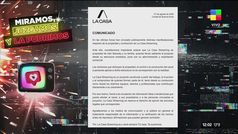 La Casa Stream hizo un comunicado (Foto: captura de América).
