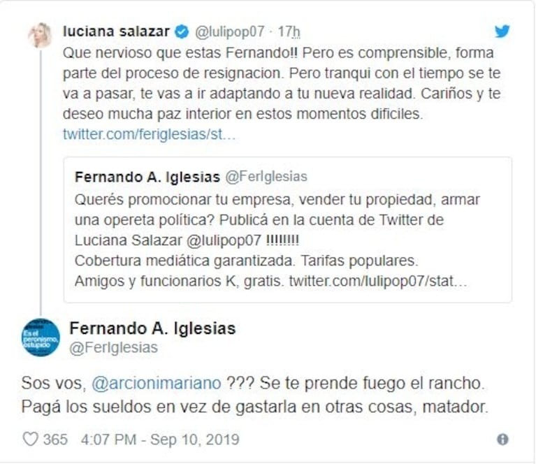 La chicana de Luciana Salazar al diputado Fernando Iglesias: "Te deseo mucha paz en estos momentos difíciles"