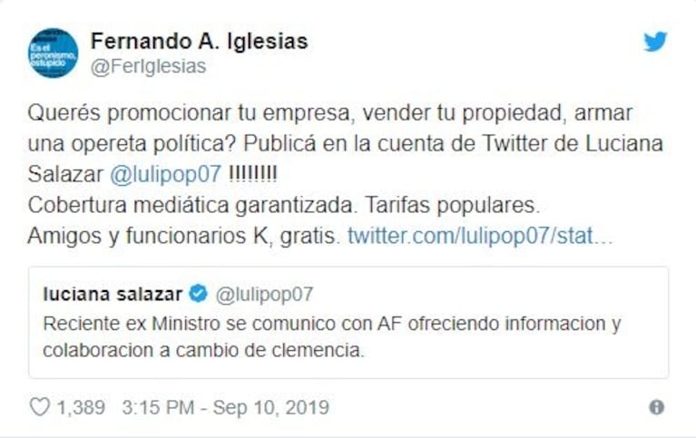 La chicana de Luciana Salazar al diputado Fernando Iglesias: "Te deseo mucha paz en estos momentos difíciles"