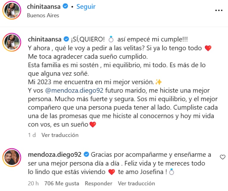 La China Ansa anunció que se casará con Diego Mendoza mediante un emotivo posteo: “Sueño cumplido”