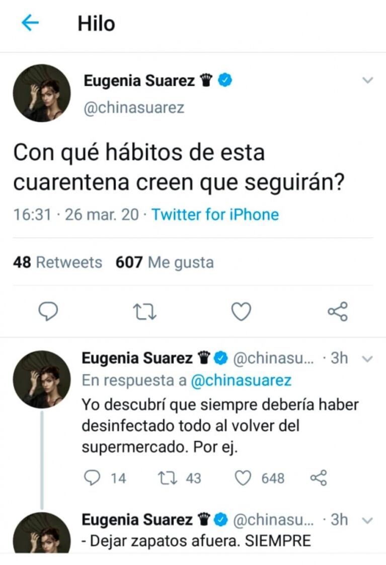 La China Suárez contó qué hábitos de la cuarentena continuará haciendo: "Un ejemplo, dejar los zapatos afuera"