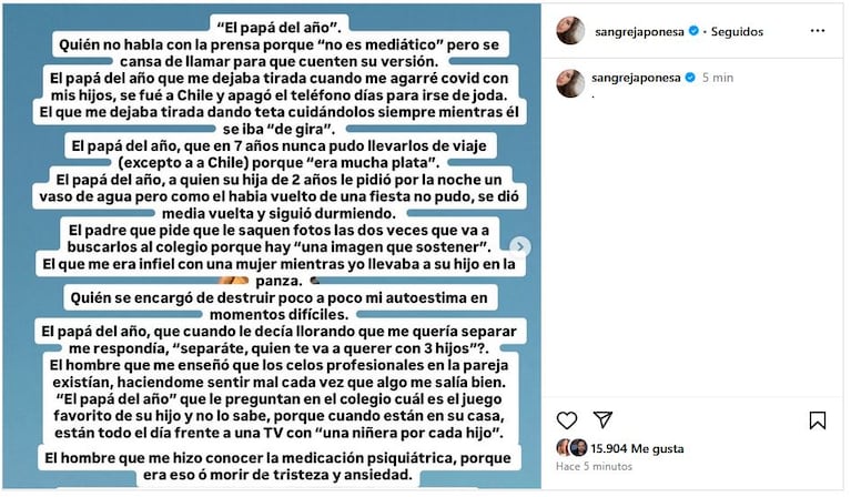 La China Suárez contra Benjamín Vicuña. (Foto: @sangrejaponesa)