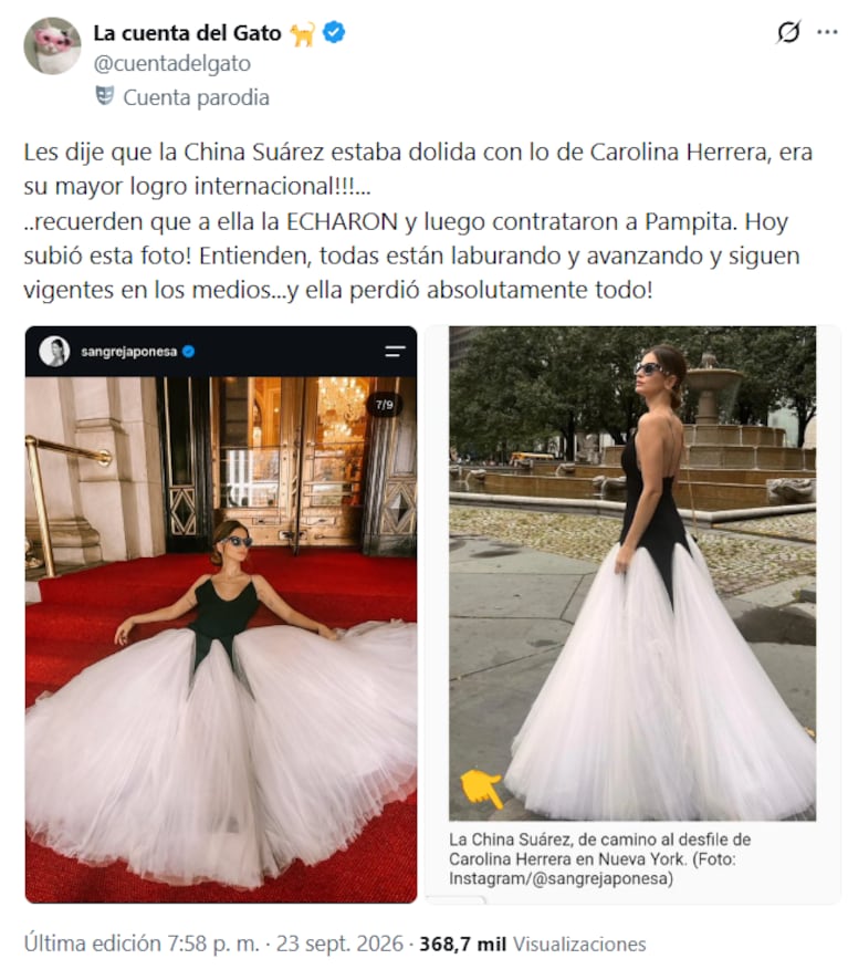 La China Suárez fue embajadora de la firma Carolina Herrera en Argentina durante años y luego fue Pampita quien ocupó su lugar hasta la actualidad (Foto: captura de X/@cuentadelgato)