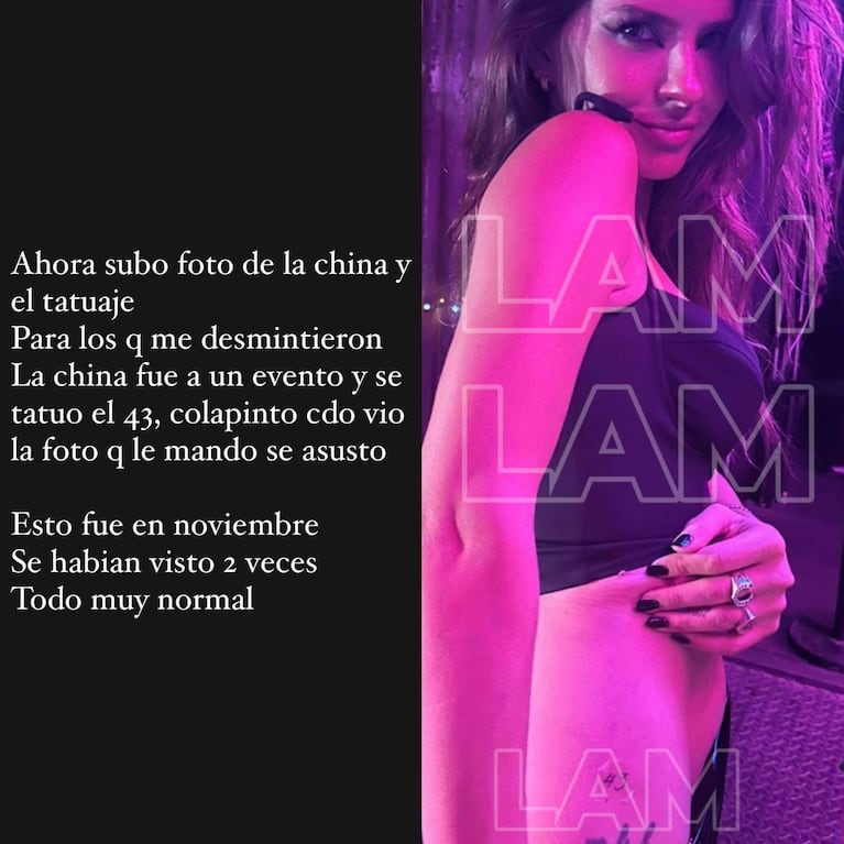 La China Suárez luciendo el tatuaje del número 43, en referencia al piloto Franco Colapinto. (Foto: Instagram / @yanilatorre)