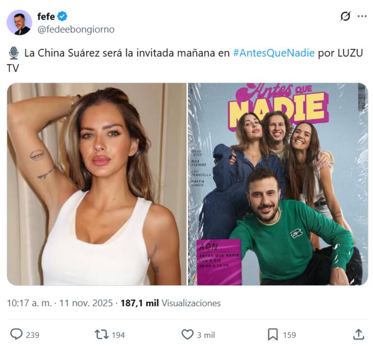 La China Suárez romperá el silencio en Nadie Dice Nada (Foto: captura de X/@fedebongiorno).