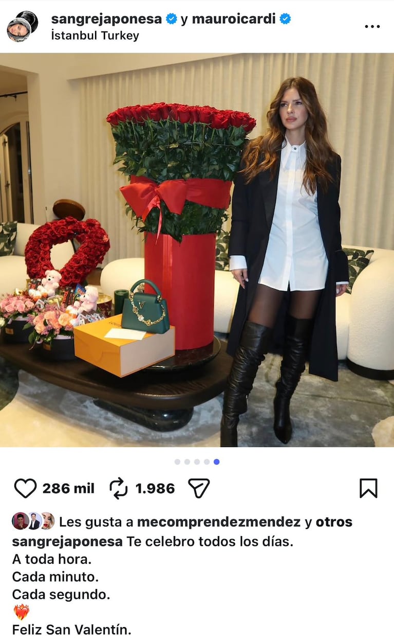 La China Suárez y Mauro Icardi celebraron San Valentín (Foto: Instagram/@sangrejaponesa).