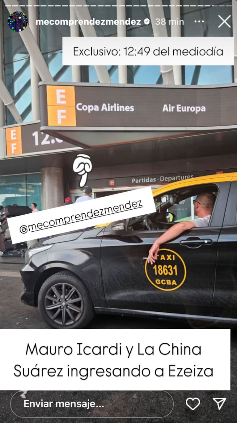 La China Suárez y Mauro Icardi en el Aeropuerto Internacional de Ezeiza (Foto: Instagram de @mecomprendezmendez)