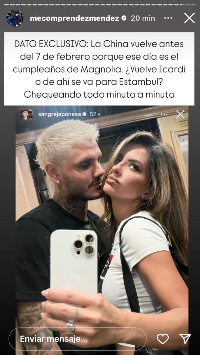 La China Suárez y Mauro Icardi (Foto: Instagram de @mecomprendezmendez)