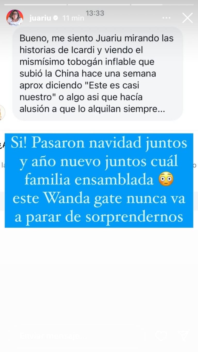 La China Suárez y Mauro Icardi habrían pasado las fiestas juntos según Juariu.