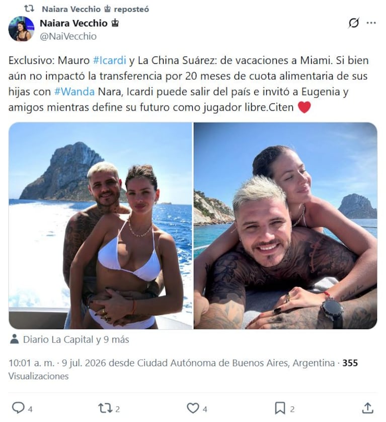 La China Suárez y Mauro Icardi se toman vacaciones en Miami (Foto: X/@naivecchio)