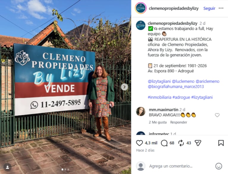La conductora abrió una inmobiliaria en Adrogué junto a un amigo y ya trabaja a full en su nueva faceta profesional.